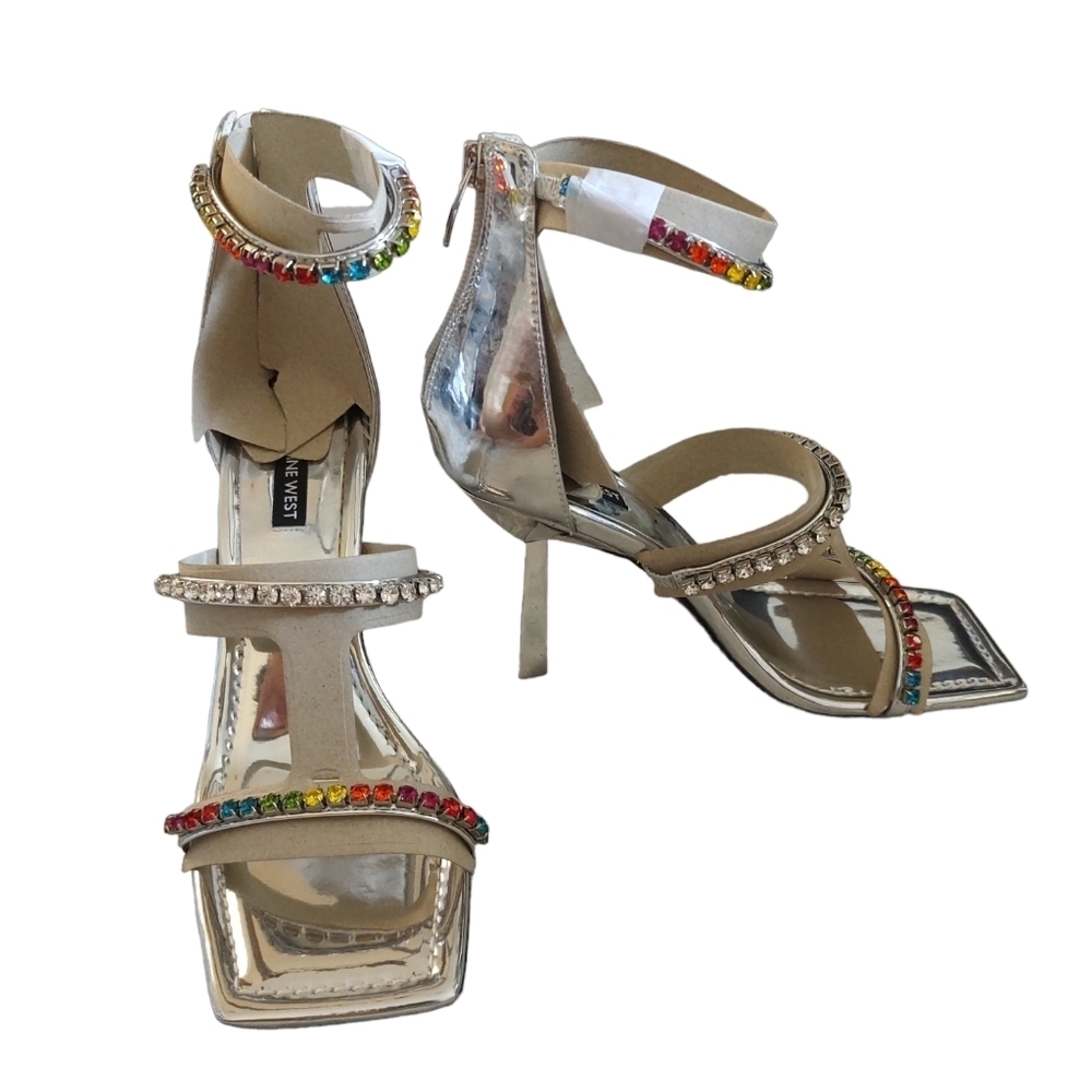 Nine West "Vavoom" Chrome Rainbow-Jeweled Square-Toe Sandal Heels NIB Sz…